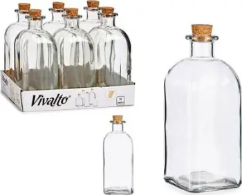 Shishe qelqi Vivalto, 1000 ml, me tapë korku, transparente