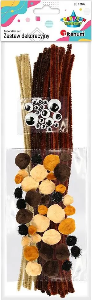 Set dekorativ Titanum, 80 copa, me tela pom-poms dhe sy, kafe