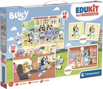 Lojë edukative Clementoni Edukit 4 in 1 Bluey, puzzle 30 dhe 48 pjesë, 6 kuba, shumëngjyrëshe