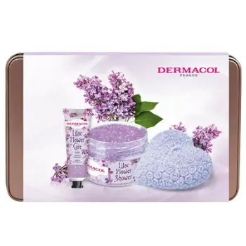 Set Dermacol Flower Care Lilac, eksfoliues për trup, 200 g + krem për duar, 30 ml + qiri aromatik