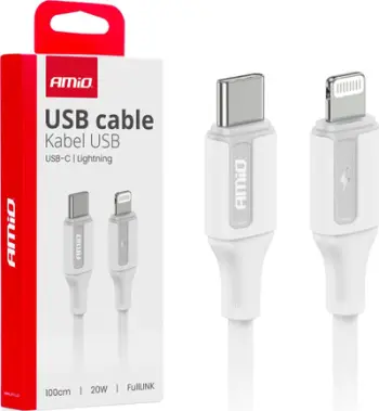 Kabllo karikimi USB AMiO 03910, USB C në Lightning, 1m, 20W, bardh e zi