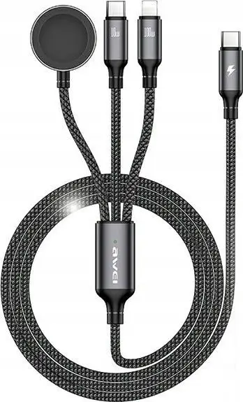 Kabllo karikimi 3 në 1 Awei W23, USB C Lightning Apple Watch, 120 cm, e zezë