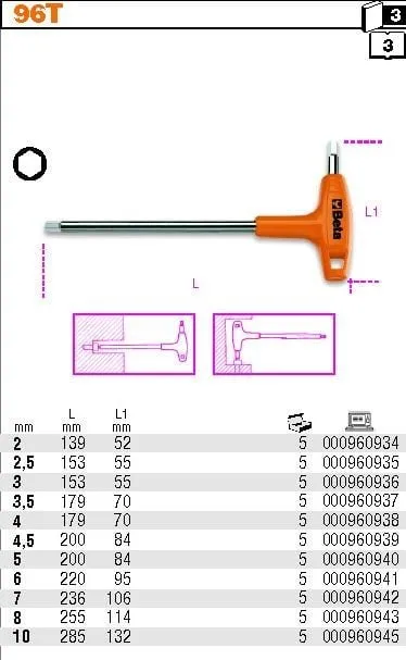 Çelës Allen Beta Tools BE96T-6, 6mm, me dorezë, portokalli - 1