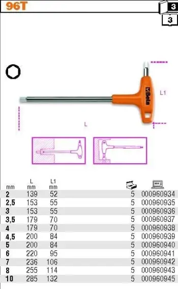 Çelës Allen Beta Tools BE96T-6, 6mm, me dorezë, portokalli