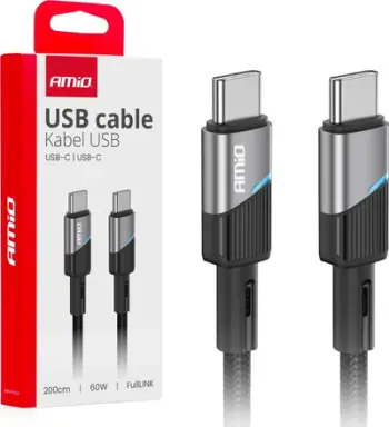 Kabllo karikues USB AMiO 03927, USB Type C, 2m, 60W, e zezë gri