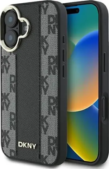 Mbulesë DKNY për iPhone 16, lëkurë PU me kuadrate, MagSafe, e zezë