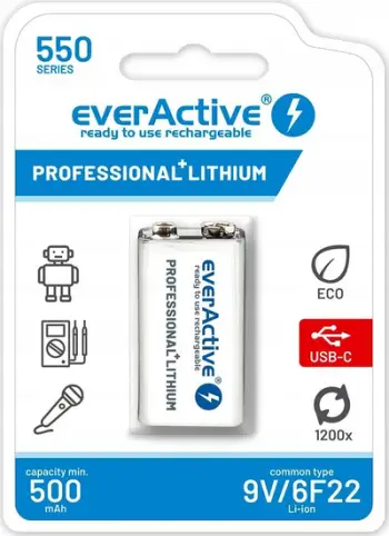 Bateri rikarikuese EverActive 550 Series, 9V 6F22 Li ion, 500mAh, e bardhë