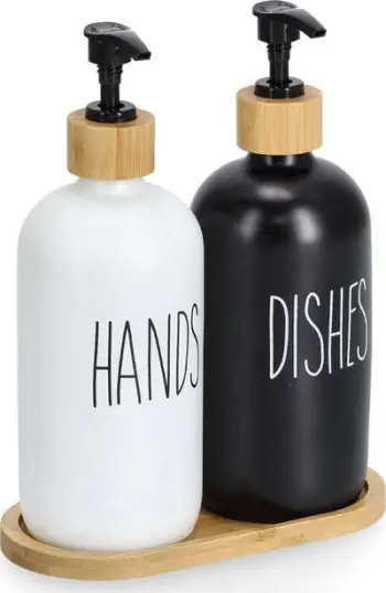 Set dozatorësh sapuni dhe enësh me nënstole bambuje, 500 ml, 2 copë, i zi