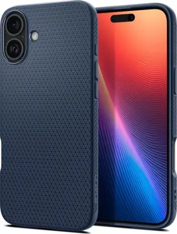 Mbulesë mbrojtëse Spigen Liquid Air për iPhone 16 Plus, standard ushtarak, silikon fleksibël, blu navy