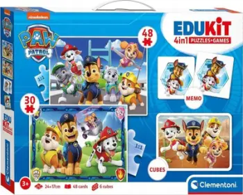 Set edukativ Clementoni Edukit 4 in 1 Paw Patrol, puzzle 30 dhe 48 pjesë, lojë memo me kubë, shumëngjyrësh