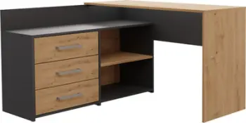 Tavolinë kompjuteri këndore Dany, me komodinë me 3 sirtarë, anthracite, dekor druri Oak Artisan