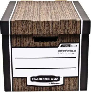 Kuti arkivuese Fellowes Bankers Box Woodgrain, FastFold, karton i trashë, kafe