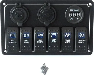 Panel komandues TurboWorks Switch, 12V 24V, 6 çelësa ON OFF, 2xUSB 3.1A, LED voltmetër, IP68, blu - 1