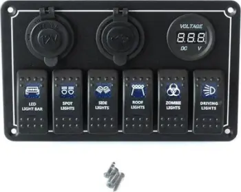 Panel komandues TurboWorks Switch, 12V 24V, 6 çelësa ON OFF, 2xUSB 3.1A, LED voltmetër, IP68, blu
