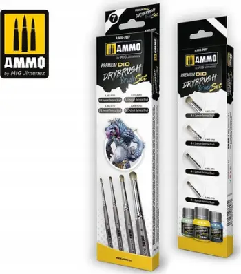 Set furça modelizmi Ammo Mig 7607 Premium Dio Drybrush, 4 copa, për miniatura