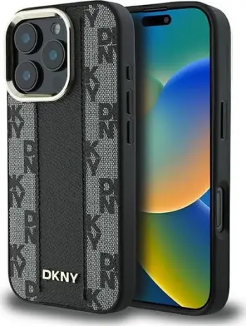 Mbulesë telefoni DKNY PU Leather Checkered MagSafe për iPhone 16 Pro, model me katrorë, e zezë