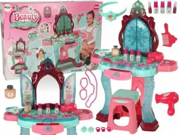 Tavolinë tualeti lodër LeanToys Beauty Set, me pasqyrë dhe drita, rozë e errët