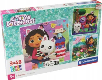 Puzzle Clementoni Supercolor Gabby's Dollhouse, set 3 x 48 pjesë, për fëmijë 5+, shumëngjyrëshe