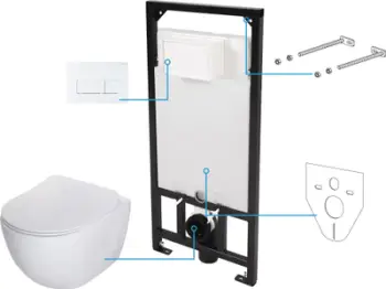 Set i fshehtë WC Deante Peonia 6 në 1, tas pezull pa brinjë, buton shkarkimi i bardhë