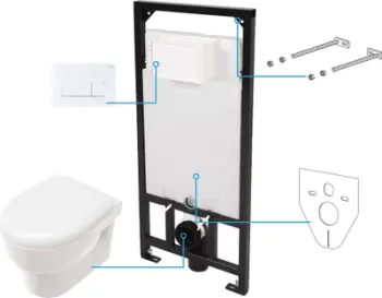 Set i fshehur WC Deante Avis, sholje varëse pa buzë, ulëse me mbyllje të ngadalshme, buton i bardhë