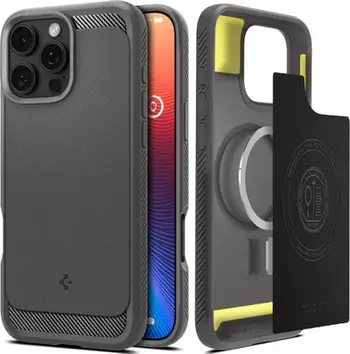 Mbulesë telefoni Spigen Rugged Armor MagFit për iPhone 16 Pro Max, kompatibile me MagSafe, standard ushtarak, gri