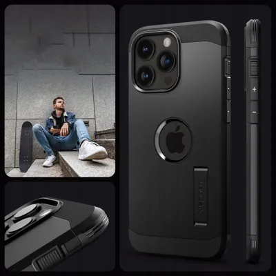 Mbulesë telefoni Spigen Tough Armor T MagFit për iPhone 16 Pro Max, me këmbëz, kompatibile MagSafe, e zezë - 2