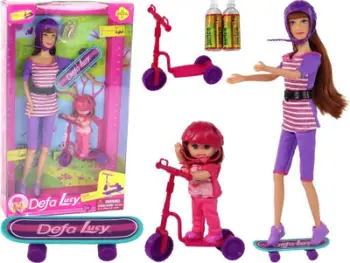 Set kukullash Leantoys, 2 kukulla, me aksesorë skuter dhe skateboard, shumëngjyrësh