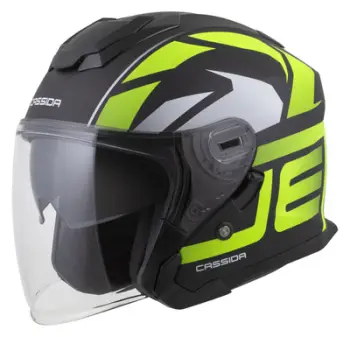 Helmetë moto Cassida Jet Tech 2.0 RoTo, polikarbonat, vizor i gjatë, e zezë mat verdhë fluo e bardhë