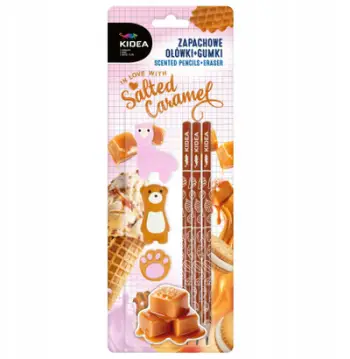 Set lapsa dhe fshirëse KIDEA Salted Caramel, 3 lapsa HB, 3 fshirëse të aromatizuara