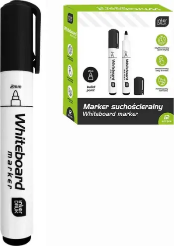 Marker për tabela të bardha Interdruk Dry-Erase, set 12 copë, të zinj