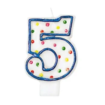 Qiri ditëlindjeje Amscan numri 5, 7.6 cm, blu me pika të bardha