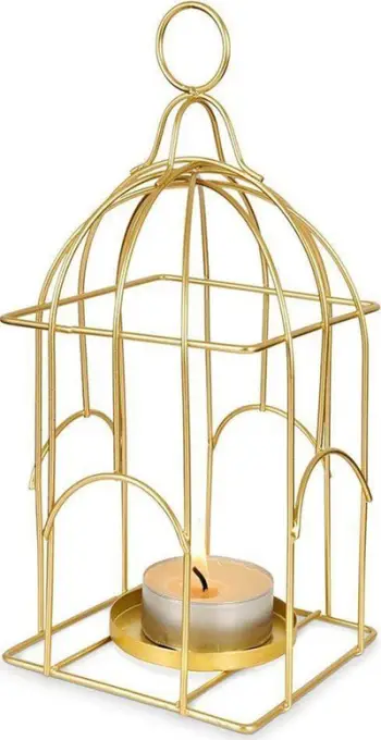 Kandil dekorativ në formë kafazi zogjsh, për tealight, metal ngjyrë ari