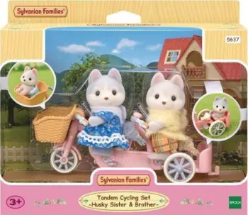 Set lodrash Epoch Sylvanian Families Husky Puppies on a Bike 5637, me figurina, me biçikletë tandem, shumëngjyrëshe