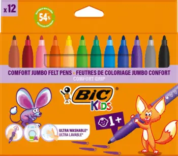 Markera ngjyrues BIC Kids Comfort Jumbo, fibër, set 12 copë, shumëngjyrëshe