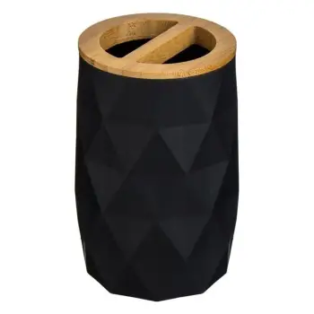 Mbajtëse për furça dhëmbësh, plastikë e rrumbullakët, me ndarje bambuje me dizajn diamanti të zi Ø7x11.5cm