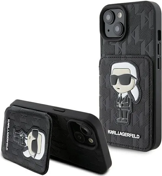 Mbështjellës Karl Lagerfeld Saffiano Cardslots & Stand Monogram Ikonik Patch për iPhone 15, i zi - 1