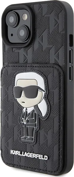Mbështjellës Karl Lagerfeld Saffiano Cardslots & Stand Monogram Ikonik Patch për iPhone 15, i zi - 2