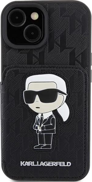 Mbështjellës Karl Lagerfeld Saffiano Cardslots & Stand Monogram Ikonik Patch për iPhone 15, i zi - 3