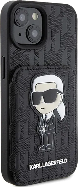 Mbështjellës Karl Lagerfeld Saffiano Cardslots & Stand Monogram Ikonik Patch për iPhone 15, i zi - 4