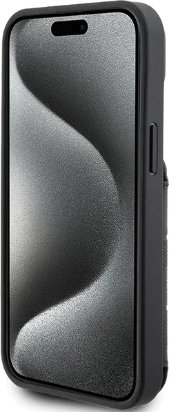 Mbështjellës Karl Lagerfeld Saffiano Cardslots & Stand Monogram Ikonik Patch për iPhone 15, i zi - 5