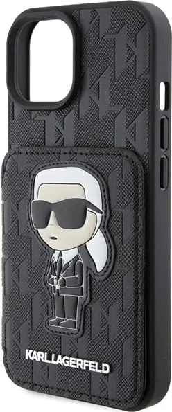 Mbështjellës Karl Lagerfeld Saffiano Cardslots & Stand Monogram Ikonik Patch për iPhone 15, i zi - 6