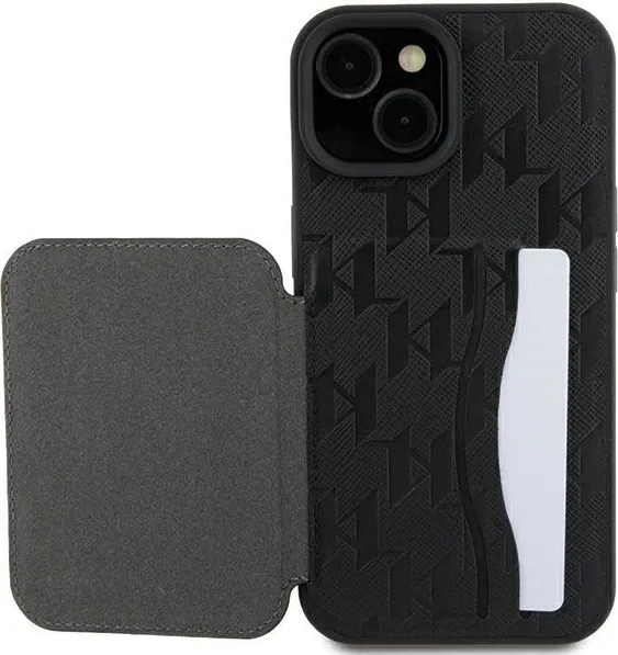 Mbështjellës Karl Lagerfeld Saffiano Cardslots & Stand Monogram Ikonik Patch për iPhone 15, i zi - 8