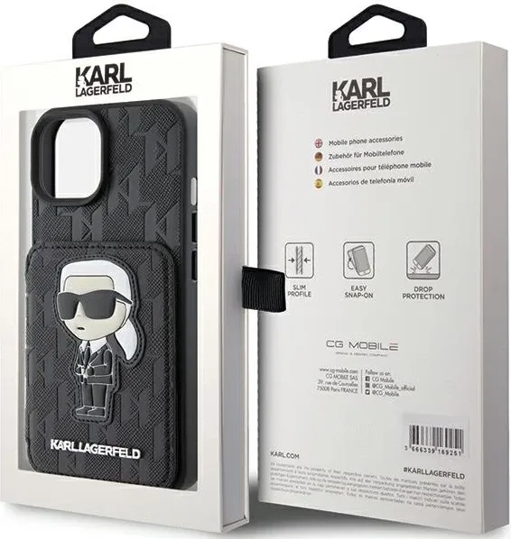Mbështjellës Karl Lagerfeld Saffiano Cardslots & Stand Monogram Ikonik Patch për iPhone 15, i zi - 9