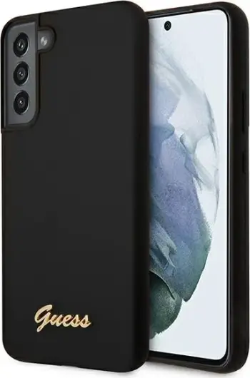Mbështjellës Guess Silicone Script për Samsung Galaxy S22+ (S906), silikon me logo metalike, i zi, me kuti