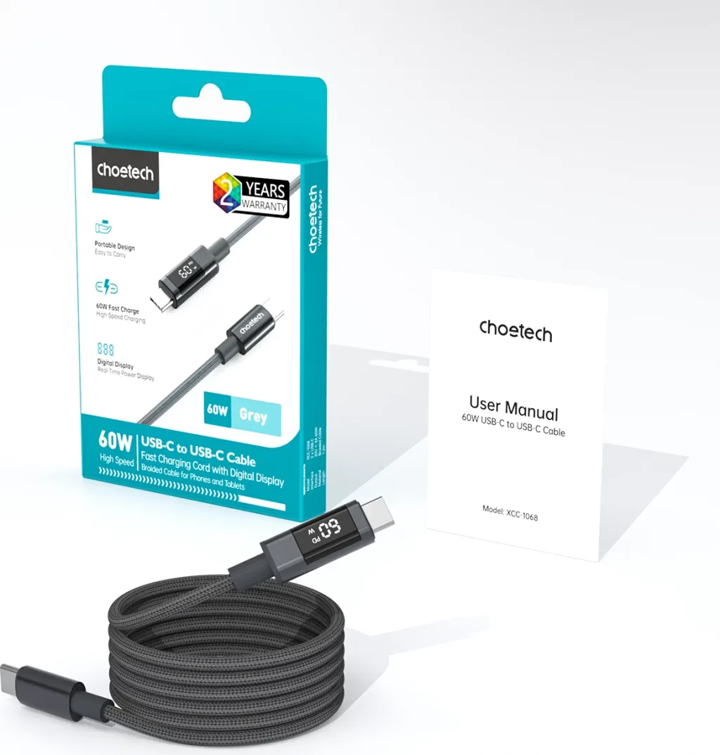 Kabllo USB-C në USB-C Choetech XCC-1068 PD 60W 1.2 m me display, e zezë - 3