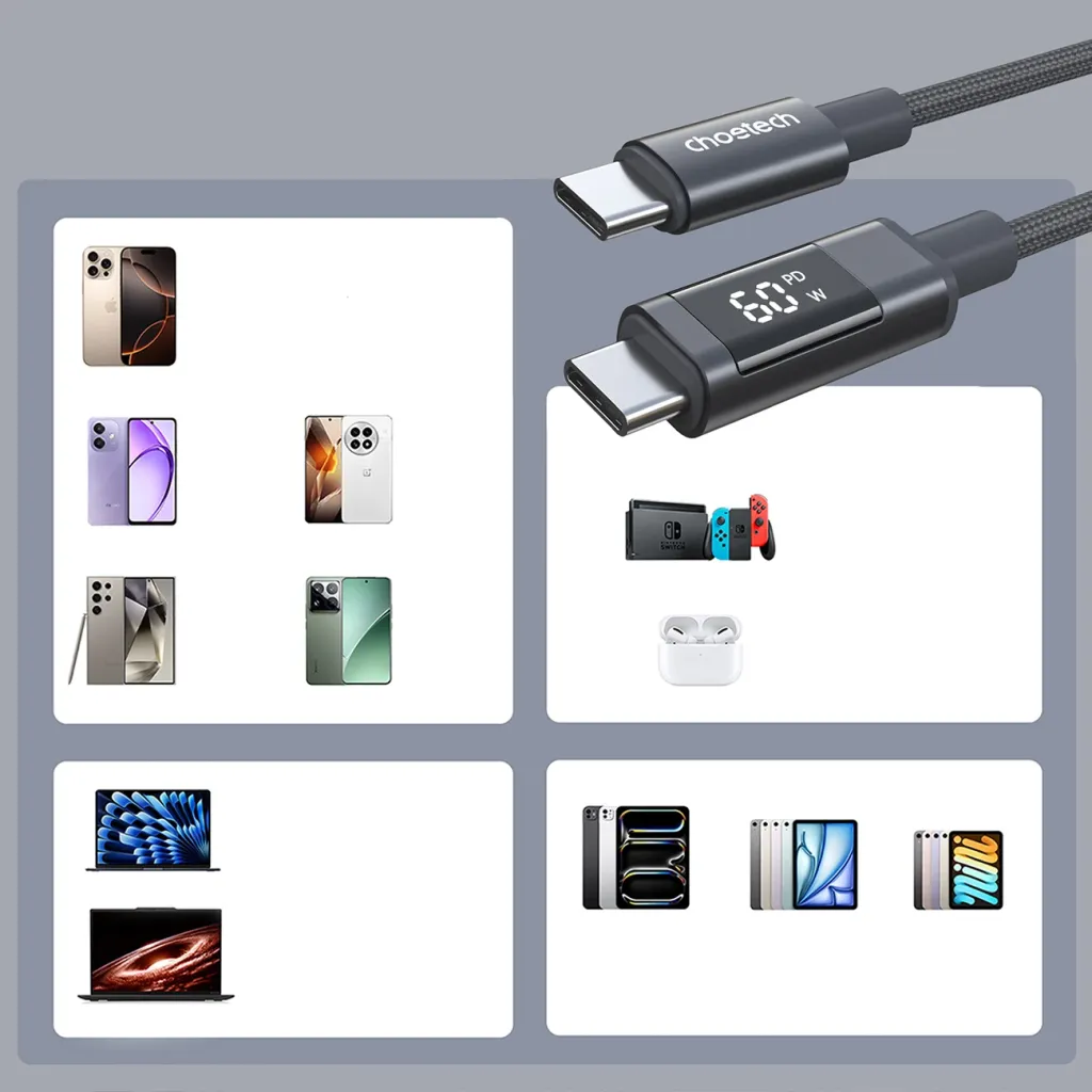 Kabllo USB-C në USB-C Choetech XCC-1068 PD 60W 1.2 m me display, e zezë - 6