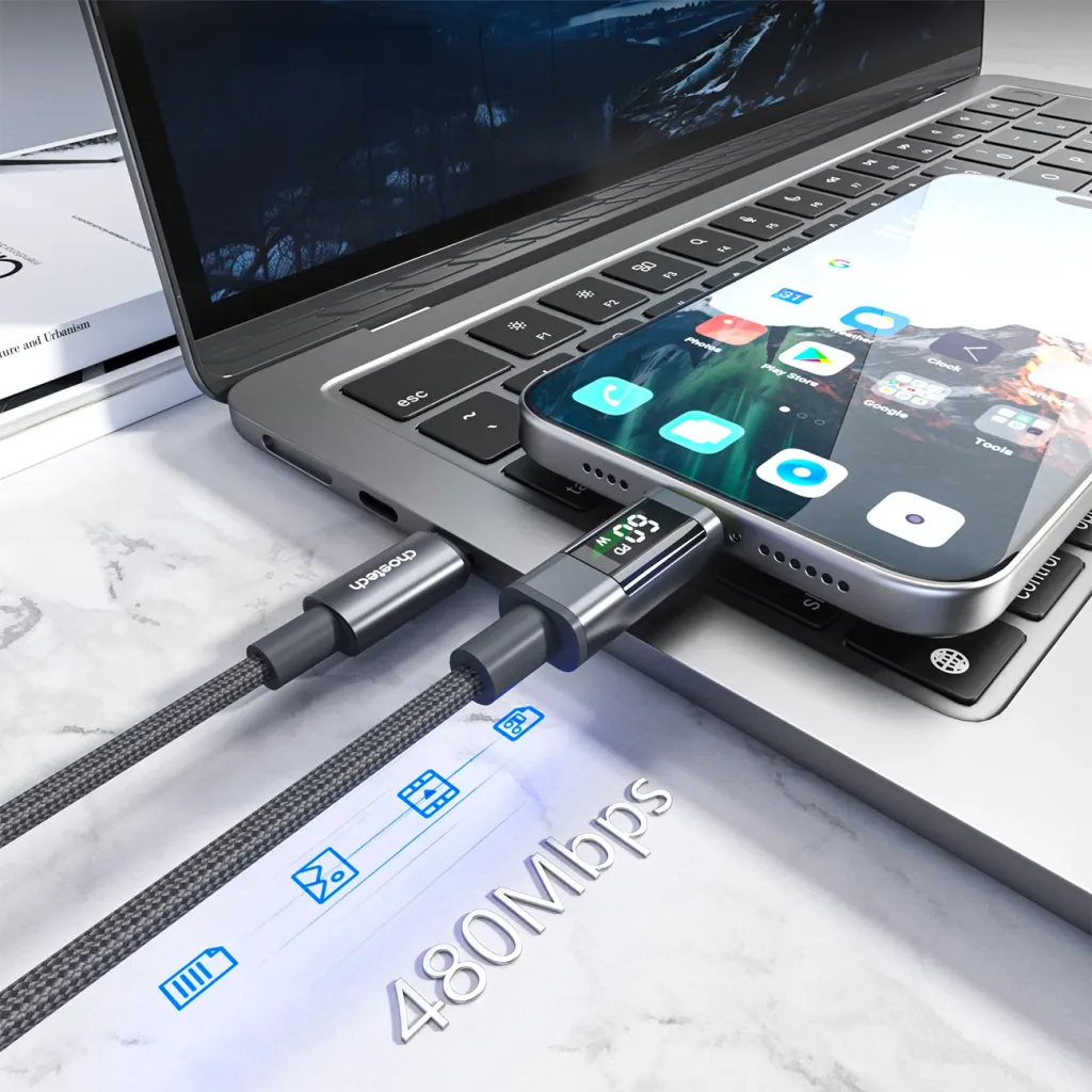 Kabllo USB-C në USB-C Choetech XCC-1068 PD 60W 1.2 m me display, e zezë - 7