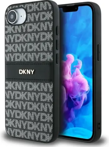 Mbështjellës DKNY Repeat Texture Pattern me shirit dhe logo metalike, për iPhone 16e, e zezë