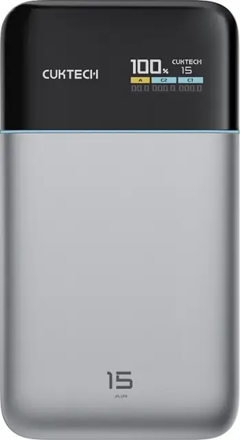 Powerbank Cuktech PB150S 15000mAh 100W, 3 porta (2x USB-C, 1x USB-A), me ekran TFT, me kabllo USB-C, gri