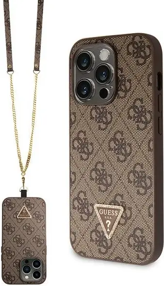 Mbështjellës telefon, Guess GUHCP15LP4TDSCPW, për iPhone 15 Pro 6.1", hardcase Crossbody 4G Metal Logo me rrip, kafe